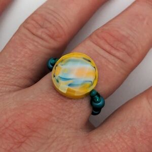 Artisan Teal and Yellow Swirl Ring